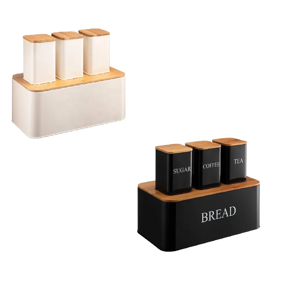Food Safe Vintage Farmhouse Kitchen Countertop Storage Metal Bread Bin Tea Coffee Sugar Canister Set Bamboo Lid White Bread Box