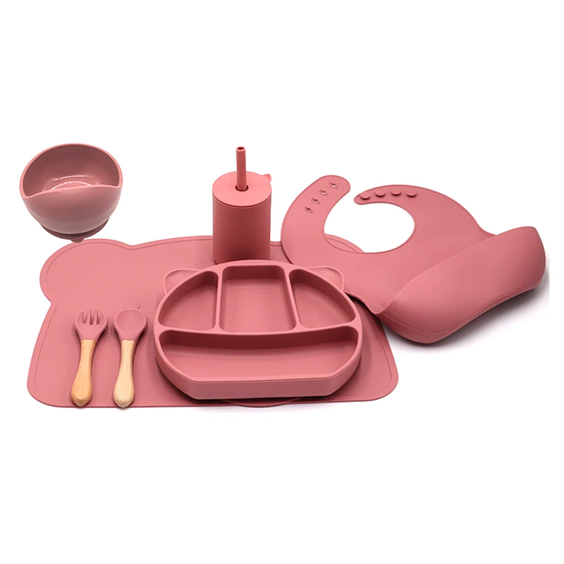 Baby Feeding Supplies Toddler Baby Utensils Set Divided Plate Suction Bowls for Baby with Spoon Fork Silicone Bib T