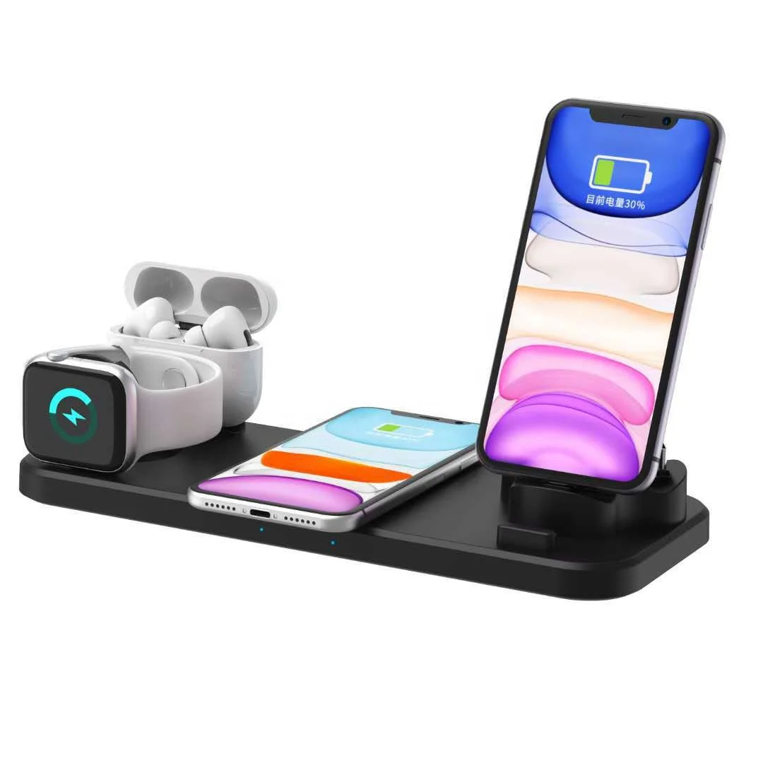 6 in 1 Wireless Charger Dock Station 10W Qi Fast Magnetic Charging Holder Micro USB TypeC Stand Mobile Phone Accessories
