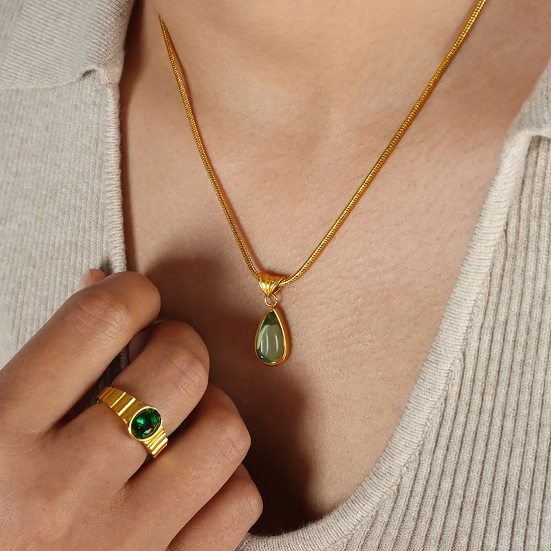 Fashion Fine Jewelry Necklace Stainless Steel Water Drop Green Blue Glass Stone Pendants Chain Waterproof Necklaces For Women