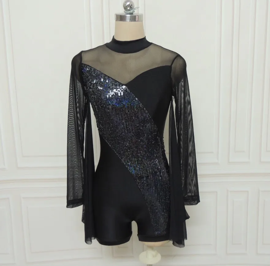 Girls performance wear children stage long sleeve mesh boy shorts  kids sequin dance unitard kids TV& movie costumes dance wear