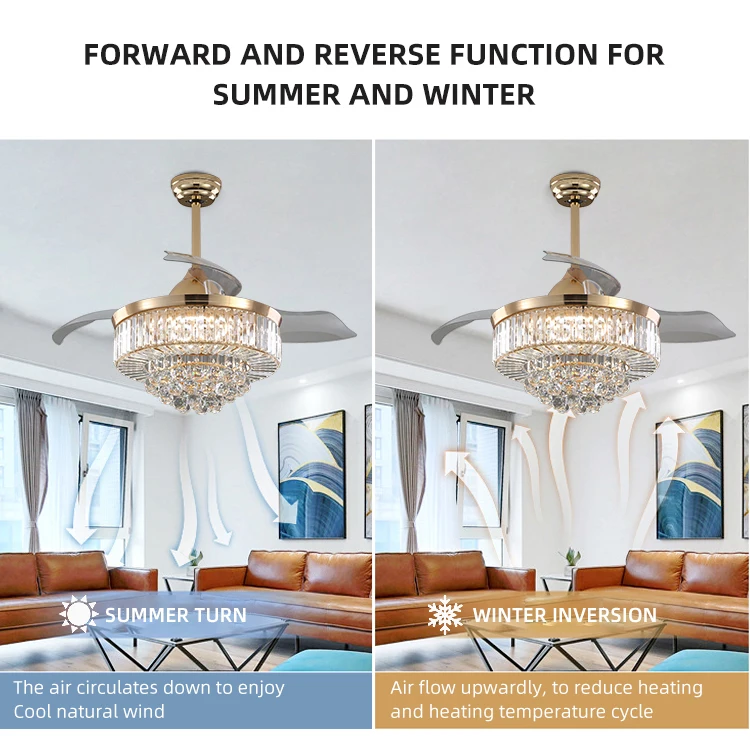 Room Decorative Air Cooling Indoor Crystal Chandelier Ceiling Fan With Light