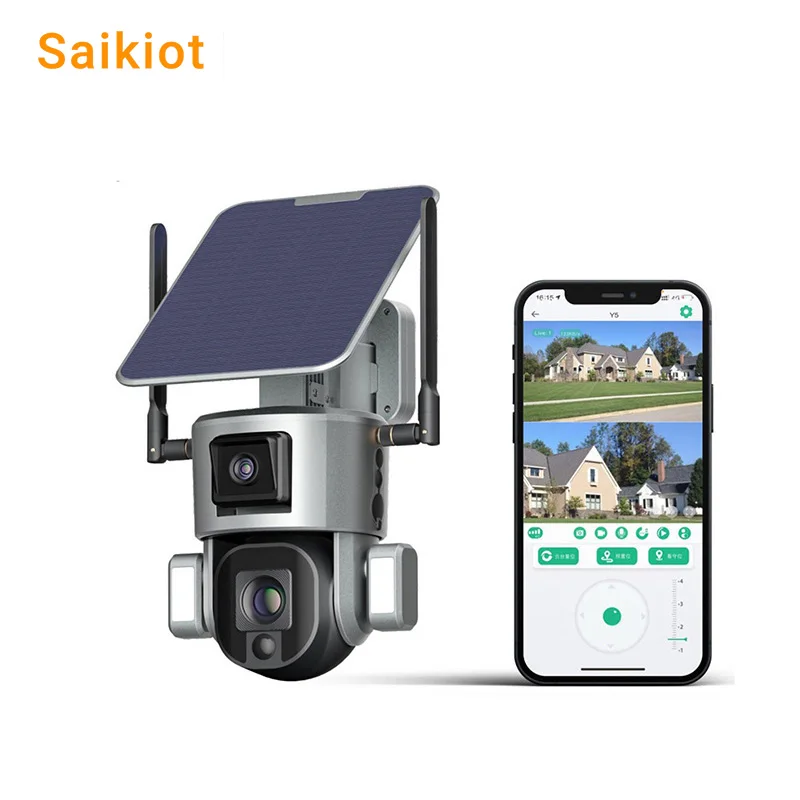 Saikiot Sim Card 4K 10X Zoom Surveillance Outdoor Security Camera Alarm Linkage Dual Lens CCTV 4G solar PTZ camera