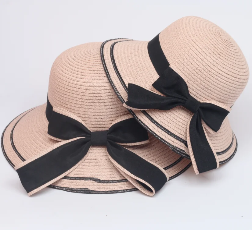 
Wholesale and cheap Dome flat big brim black bow bowknot straw hat Summer seabeach Hats For Women 
