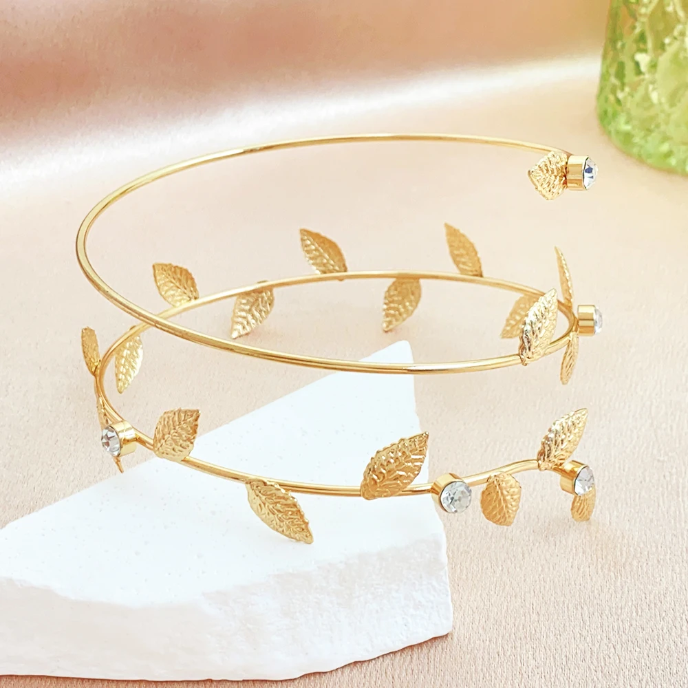 New fashion simple style hot sale gold plated jewelry leaf glass rhinestone big hoop alloy bracelet for women