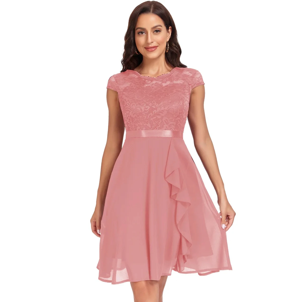 Plus Size Multi Color Chiffon Midi Bridesmaid Dresses Casual Lace Dress Party Dresses With Ruffles