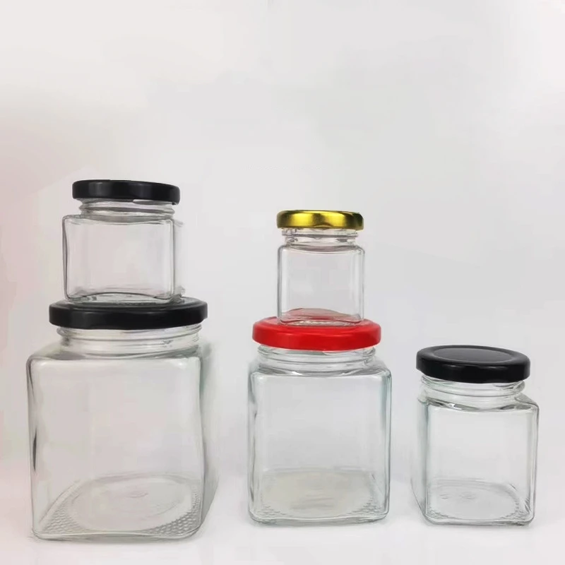 In stock 50-730ml square clear glass empty jar honey jar Pickled vegetables bottle with cap