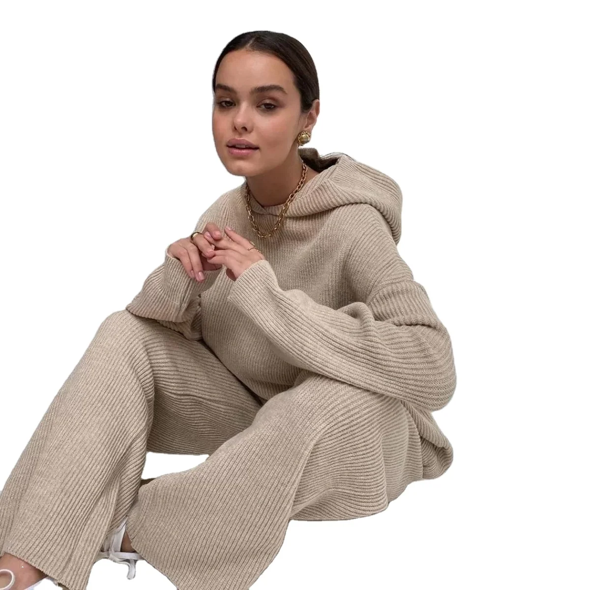 2023 New Arrivals winter clothes for women cotton elegant two piece set sweater hoodie and wide leg pants knitted suit