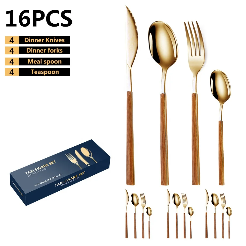 Japanese-style stainless steel tableware with handle of wood grain steak knife, fork and spoon  gift box  16 sets