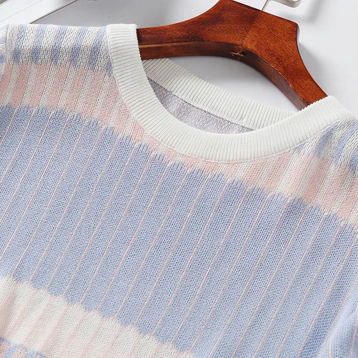 MY015 Korean Fashion Sweet Striped Patchwork O Neck Fresh  Knit Crop Tops Ladies Summer Thin Sweater Knitwear Clothing