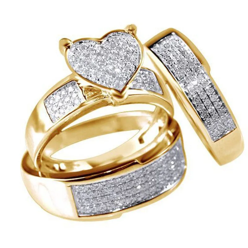 3pcs/Set Gold Diamond Wedding Rings Set Hot Sale Zircon Diamond Engagement Rings