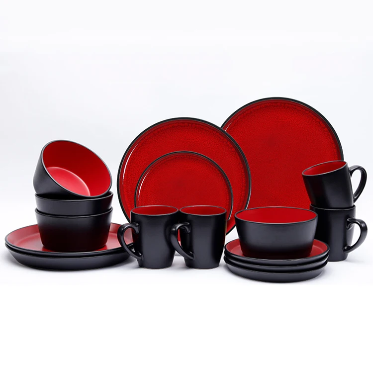 Hot Selling 16 Pieces Vintage Red Black Two Tone Color Restaurant Household Dining Plate Set Ceramic Tableware Dinnerware