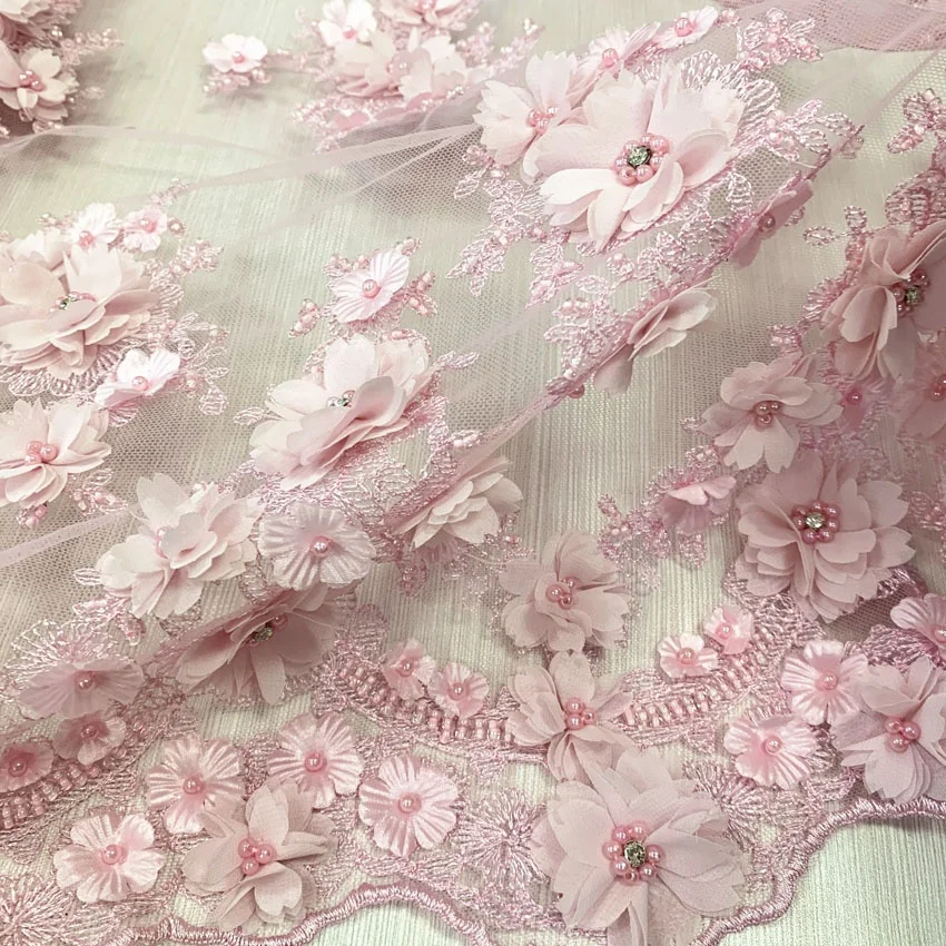 D #69 розовая Свадебная 3d кружевная ткань с ручной вышивкой, вышивка бисером, аппликация кружева для свадебного платья или вечеринки