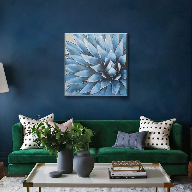 Living Room Decor Canvas Hand Painted Wall Art Floral Art Prints Blue Wall Painting
