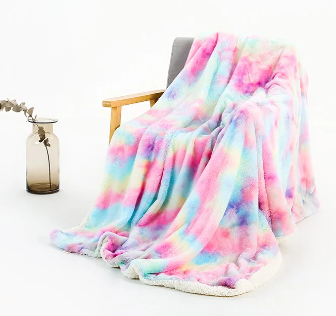 100% Polyester Fluffy Plush Mink Cashmere Pompoms Fleece New Kids Nap Rainbow Tie Dyeing Quilt Blanket -