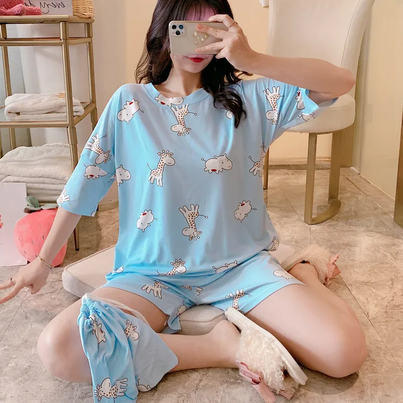 Summer short-sleeved three-piece shorts Cute Korean style sweet loose plus size homewear pajamas get buggy bag free