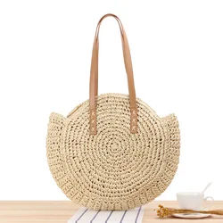 Amazon Hot Custom LOGO Summer Beach Straw Woven Tote Rattan Bag Handmade Weaving Shoulder Bag Handbag Travel for Women Ladies