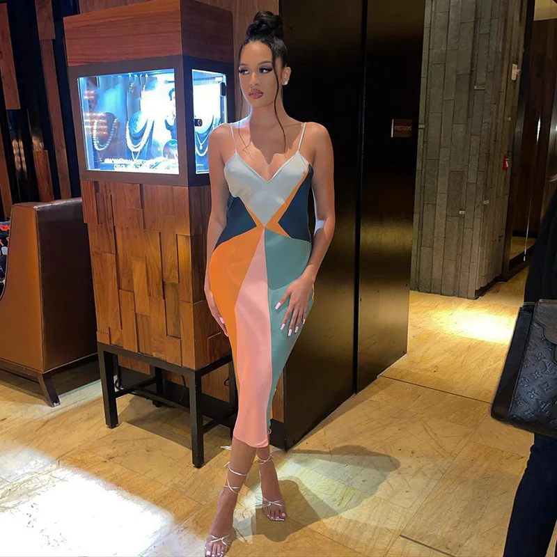 Dresses women lady elegant new sexy sleeveless spaghetti-strap floral print contrast color ladies clothes girls dresses