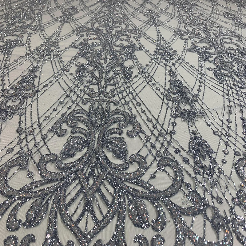 Factory wholesale nigerian tulle mesh glitter crystal sequins wedding dress embroidery dance dress lace fabric
