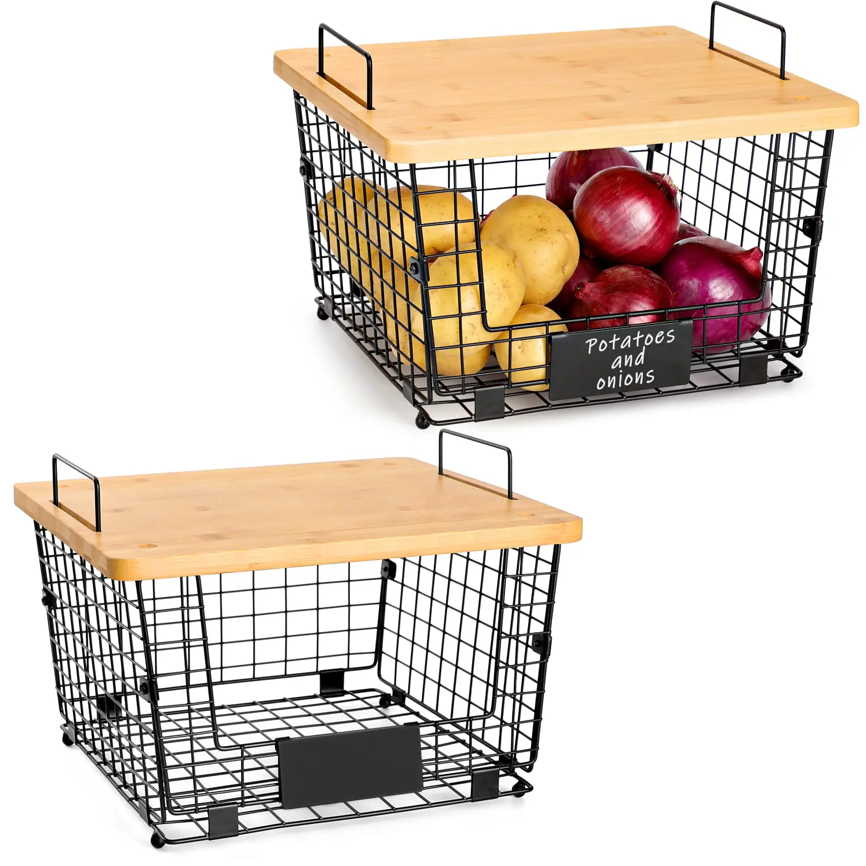 Stackable Kitchen Counter Basket with Bamboo Top Storage Wire Organizer Basket Cabinet Countertop Organizer for Fruit, Vegetable