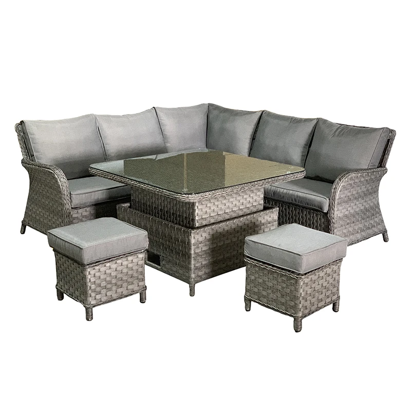 Outdoor Garden Patio Furniture  Rattan Sofa Set With Square Rising/Liftable Table With Ottoman/Stools