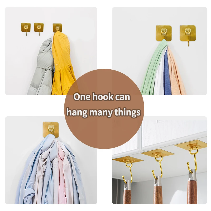 Amazon Hot Sale Brushed Wall Sticker Hook Removable Gold-Plated Strong Self Adhesive Plastic Hanging Clothes Keychain Towel Hook