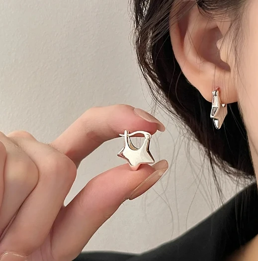 Silver Color Five Pointed Star Ear Buckle Hooks Earrings for Women 2024 New Fashion Creative Korean Style Jewelry Gifts