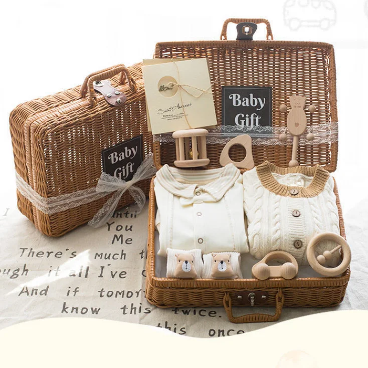 12Pcs Baby Rompers Jumpsuits Clothing Sets With Luxury Box Soft Cotton Clothes And Wooden Teething Toys Newborn Gift Set