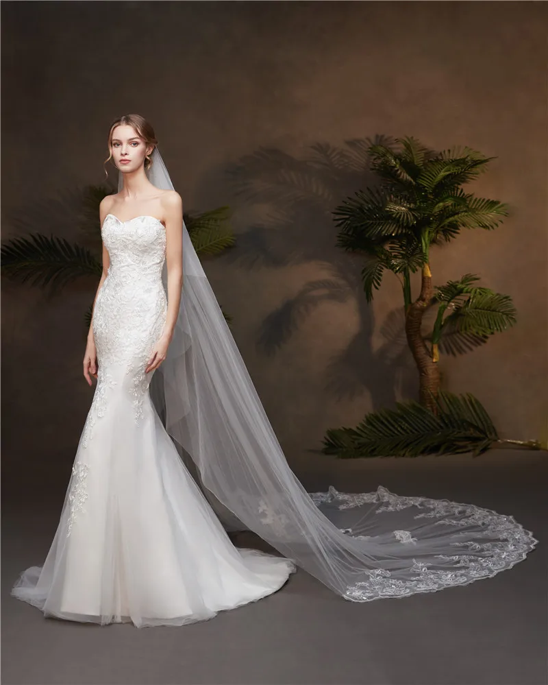 S1488R New double-layer veil with shiny lace bridal veil long with hair comb