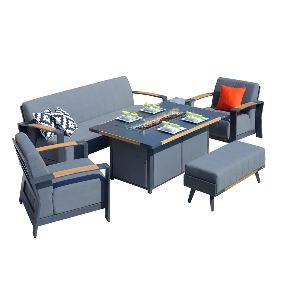 Outdoor Family Dinner Casual Table Fire Pit Table Set Aluminum Patio Gray Fire Pit Dining Set With Modern Gray Cushions