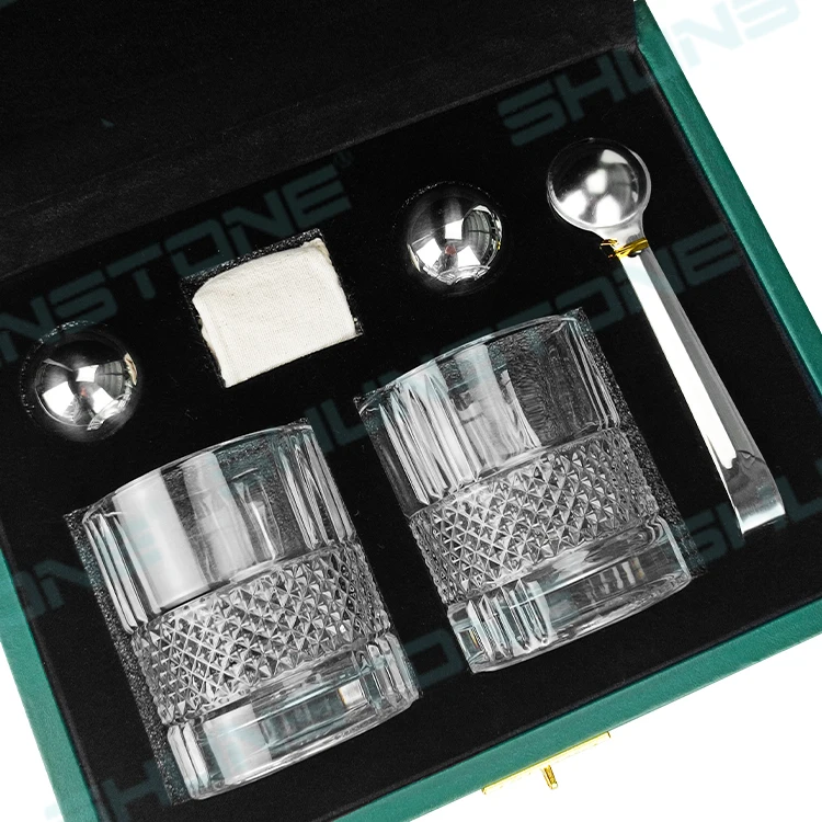 SHUNSTONE Stainless Steel Whiskey Chilling Stones Ball Rotating Whiskey Glasses Set Premium Green Leather Gift Box