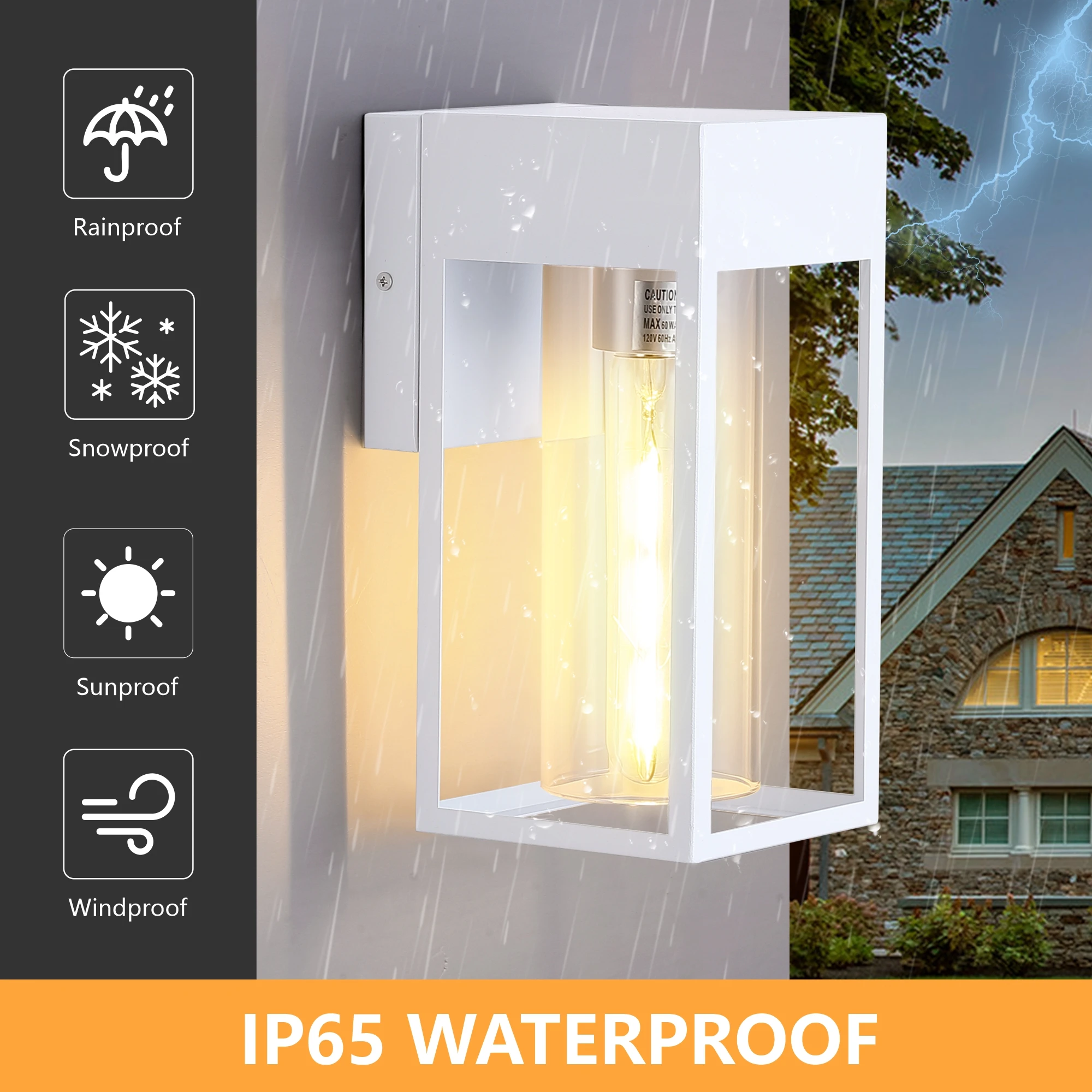 Square White E26 Sockets Glass 2 Pack Outdoor Light Wall Lamp Fixture Exterior Mounted Lantern Garden Porch Sconces Lighting