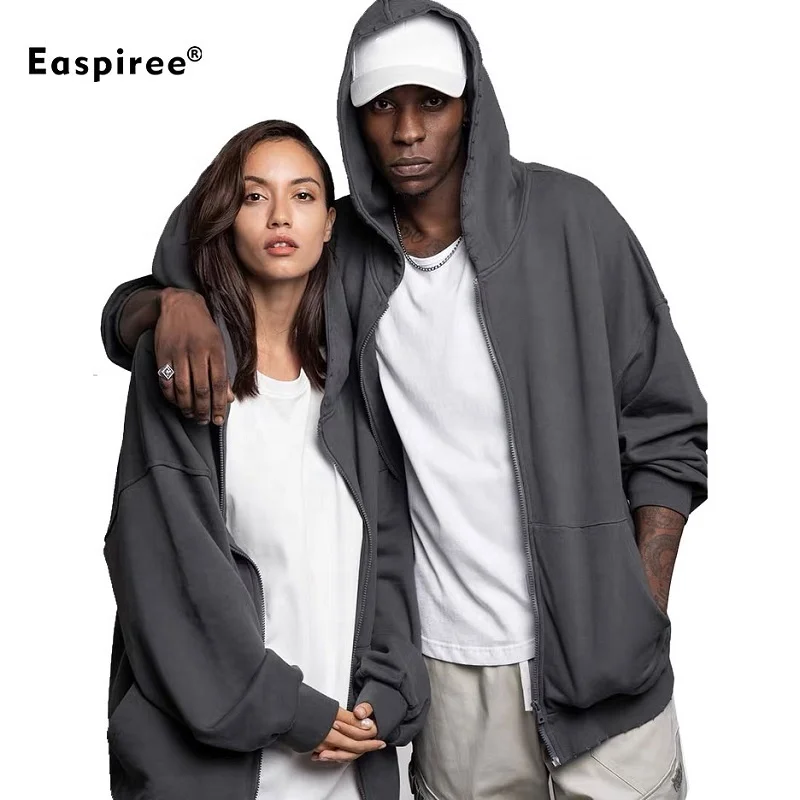 2022 New Arrivals Streetwear Mens Hoodie Cotton Heavy Weight French Terry Unisex Oversize Women Zip up Hoodies no Strings
