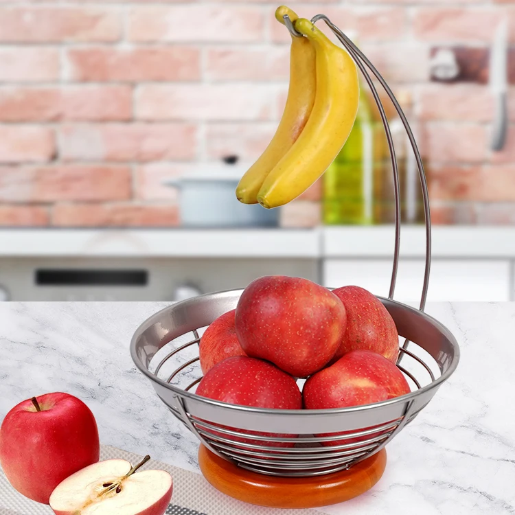 Metal Wire Fruit Basket Kitchen Decorative Wooden Bowl with Banana Hook