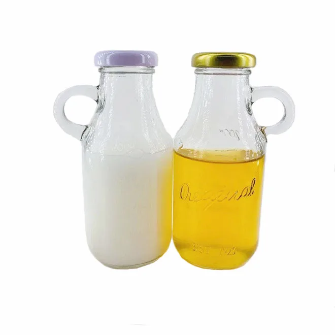 250ml clear vintage embossed glass milk juice bottle with small handle and scale line