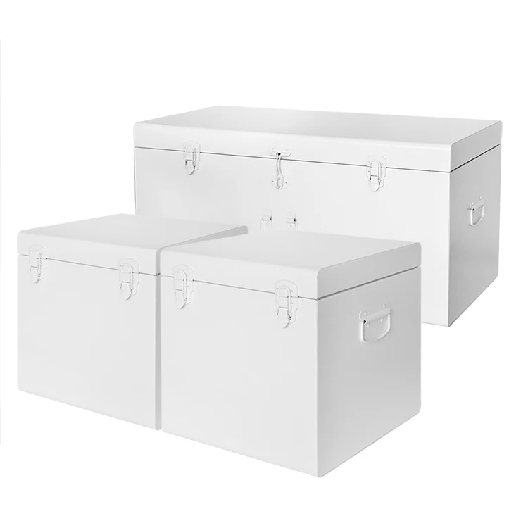 Custom large long trunk coffee table White set of 3 metal handles trunk box decor storage metal trunks