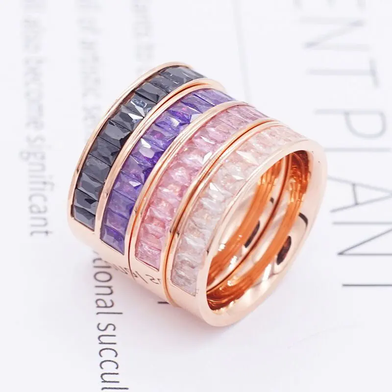 New Fashion Colorful Explosion Stone Ring with Zircon Rose Gold Titanium Steel CZ Setting Ring for Girls