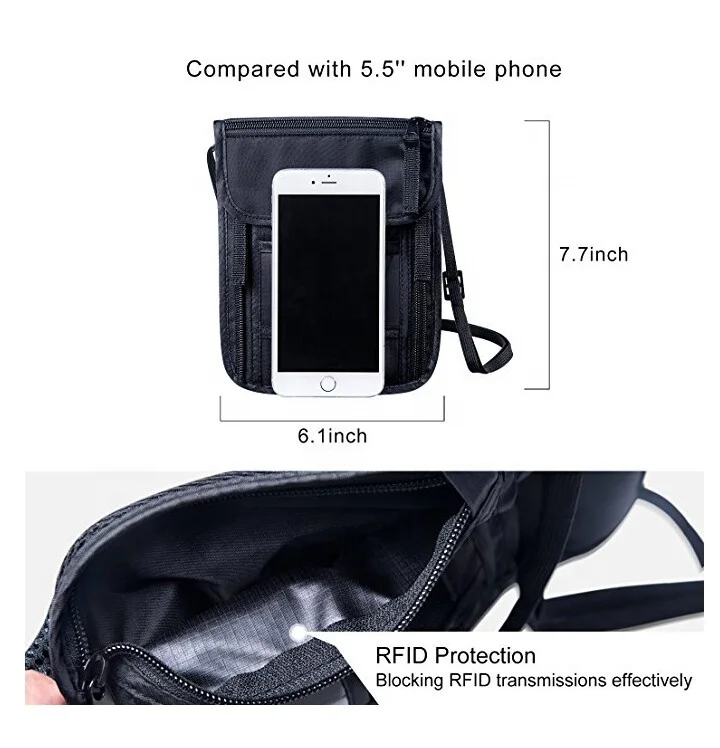 Custom Light Weight Nylon Crossbody Neck Pouch Bag Neck Stash RFID Blocking Shoulder Travel Body Wallet Passport Holder