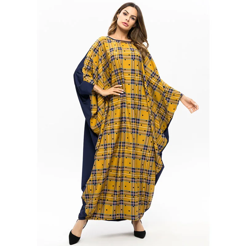 
Casual Maxi Dress Muslim Abaya Bat Sleeve Long Robe Gowns Loose Style Plaid Trim Turkey Middle East Moroccan Islamic Clothing 