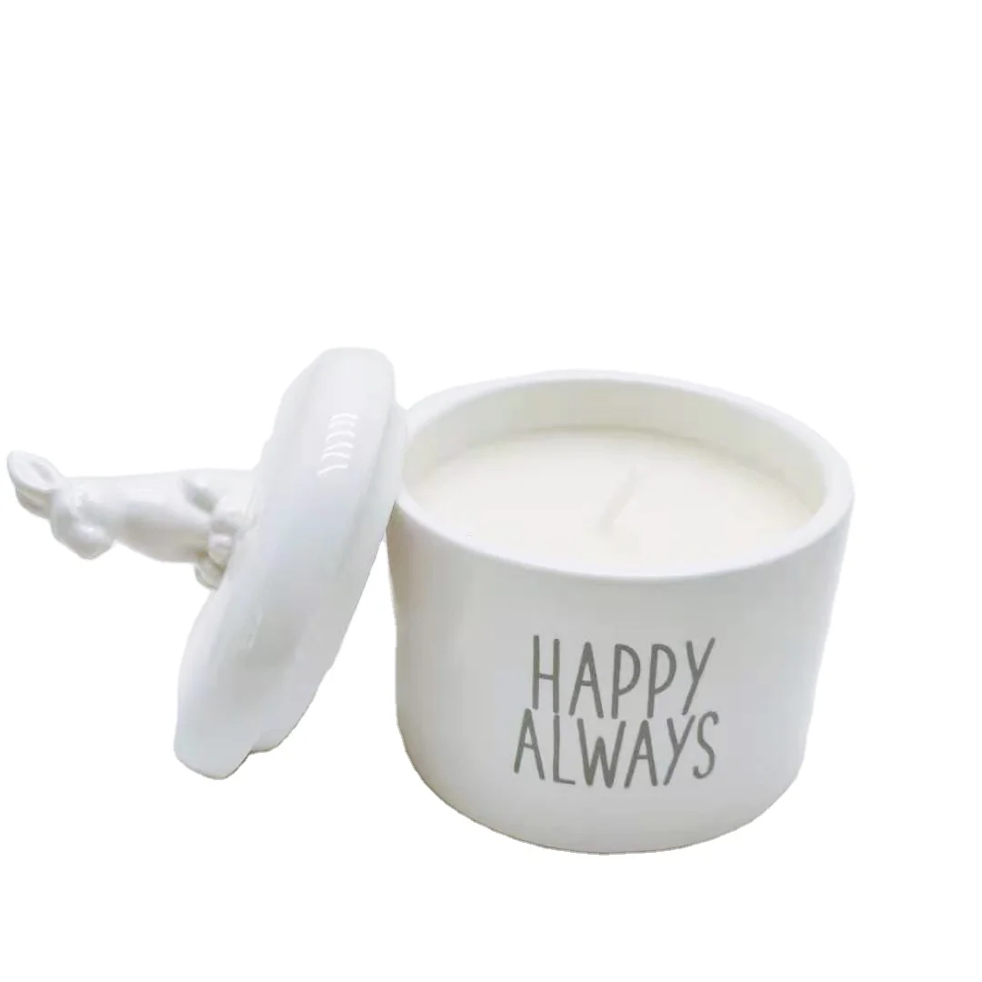 Custom Bunny Shape Lid Handle White Unique Ceramic Cup Candle Jars Candle