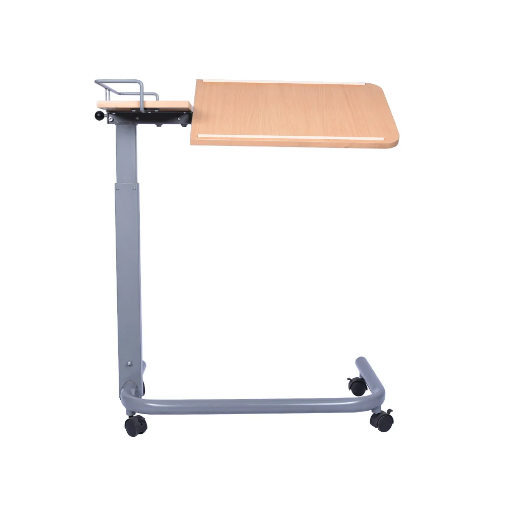 Tecforcare adjustable overbed table with wheels Pneumatic rod medical overbed bedside table wooden over the bed table