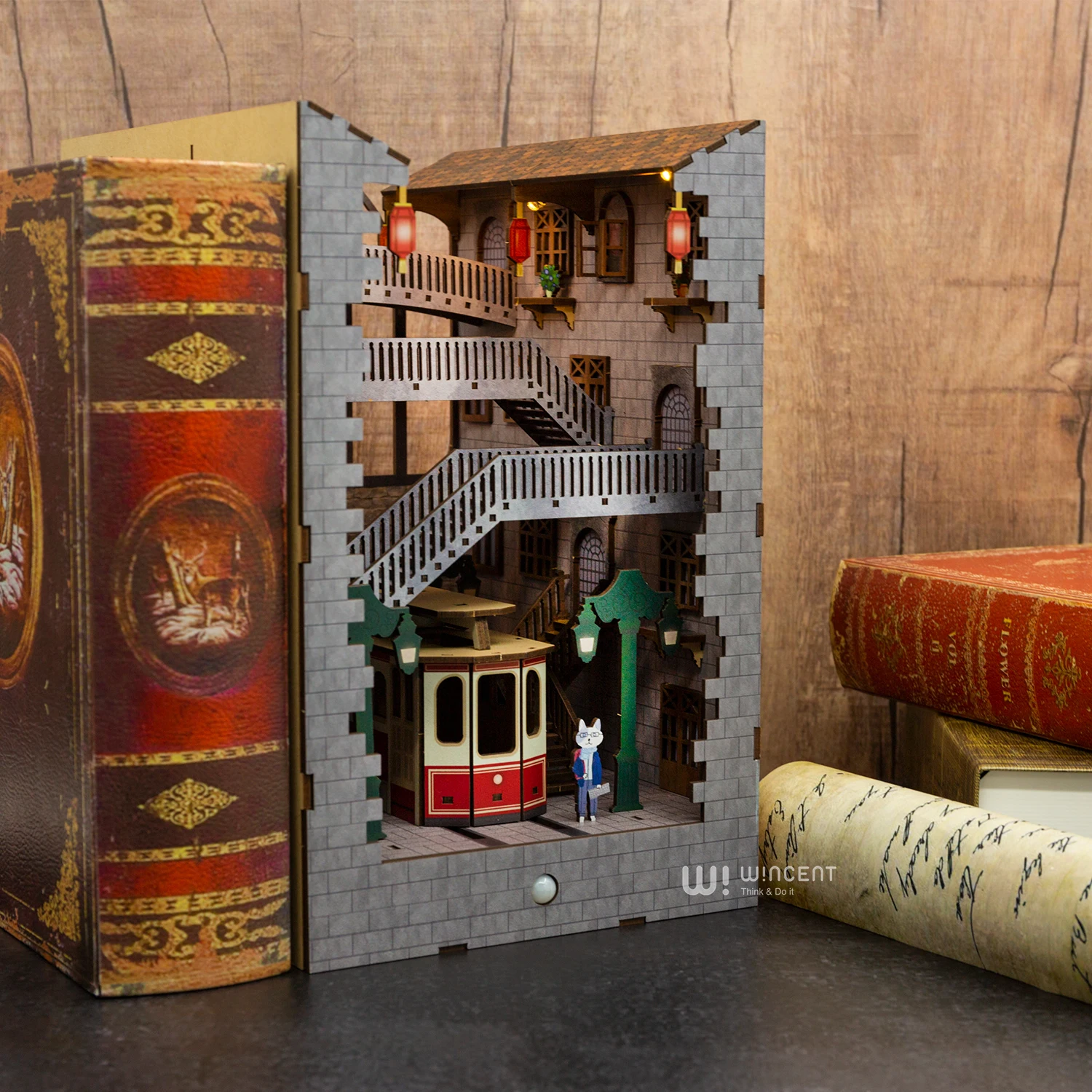 Деревянный книжный конец Wincent MDF CMYK с принтом деревянная библиотека дом здание пазл полка со светодиодной