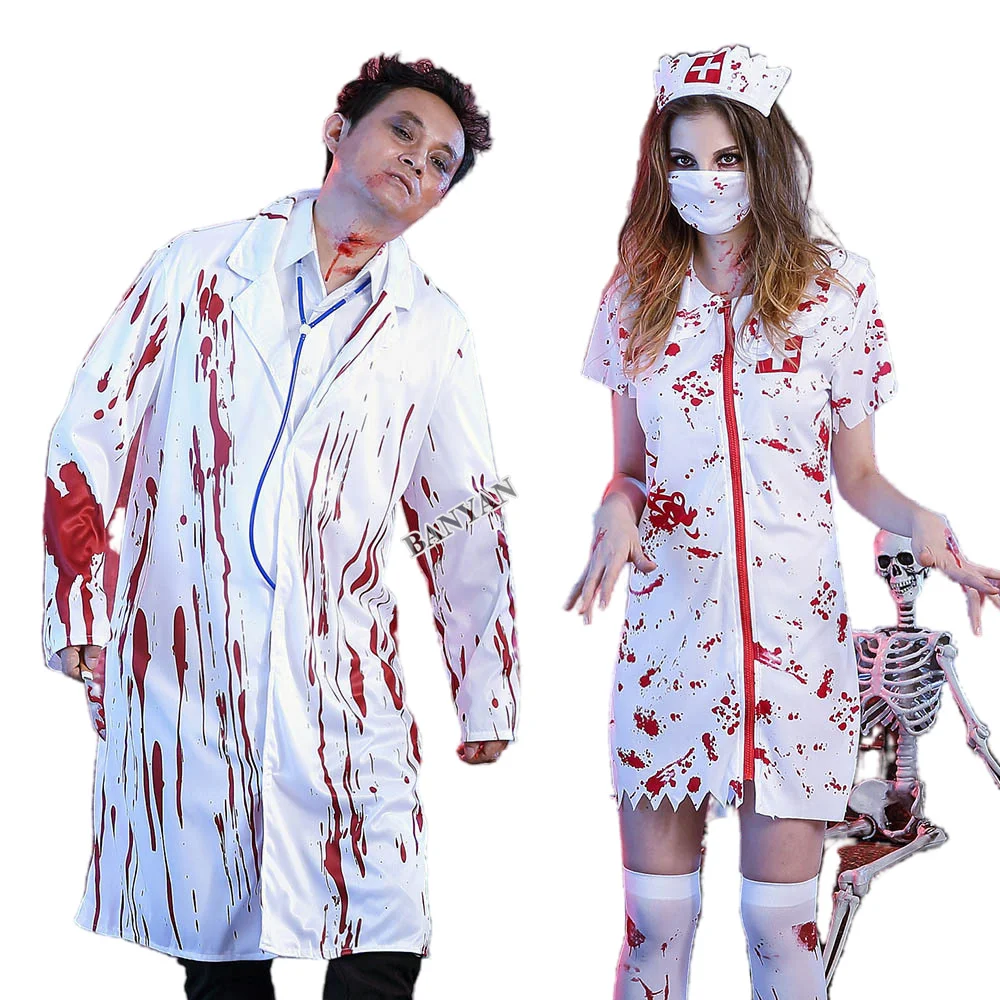 Halloween Masquerade Horror Bloody Zombie Costume Fancy Ball Adult Male Doctor Cos Female Nurse Cosplay Couple Uniform Clothing
