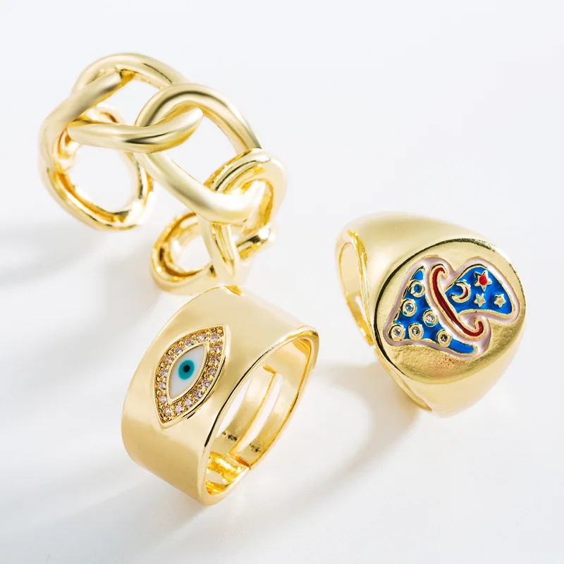  Evil eye mushroom ring jewelry women 18 k 18k gold plated cz enamel adjustable male dimond chain link for