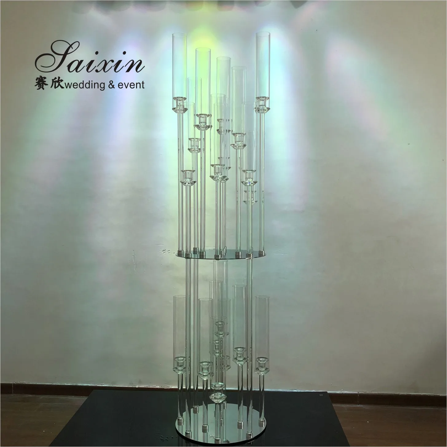 ZT-528C glass tall etched Hurricane candlestick crystal double layer candle holders for large wedding