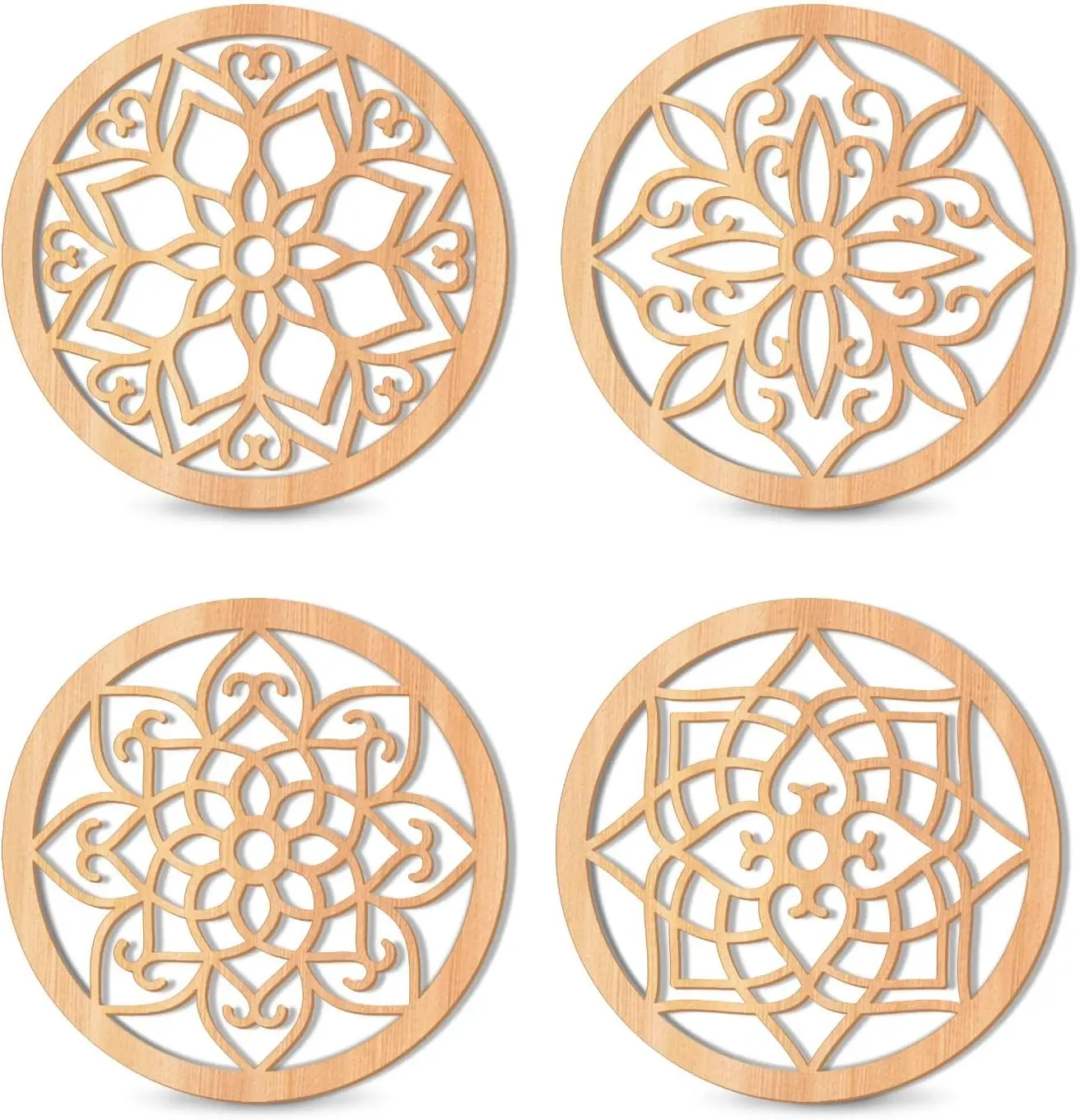 Wood Decor 4 Pieces Thicken Rustic Wall Decor Flower Carved Wall Art Wooden Hollow Carved Design for Bedroom Wall Decor