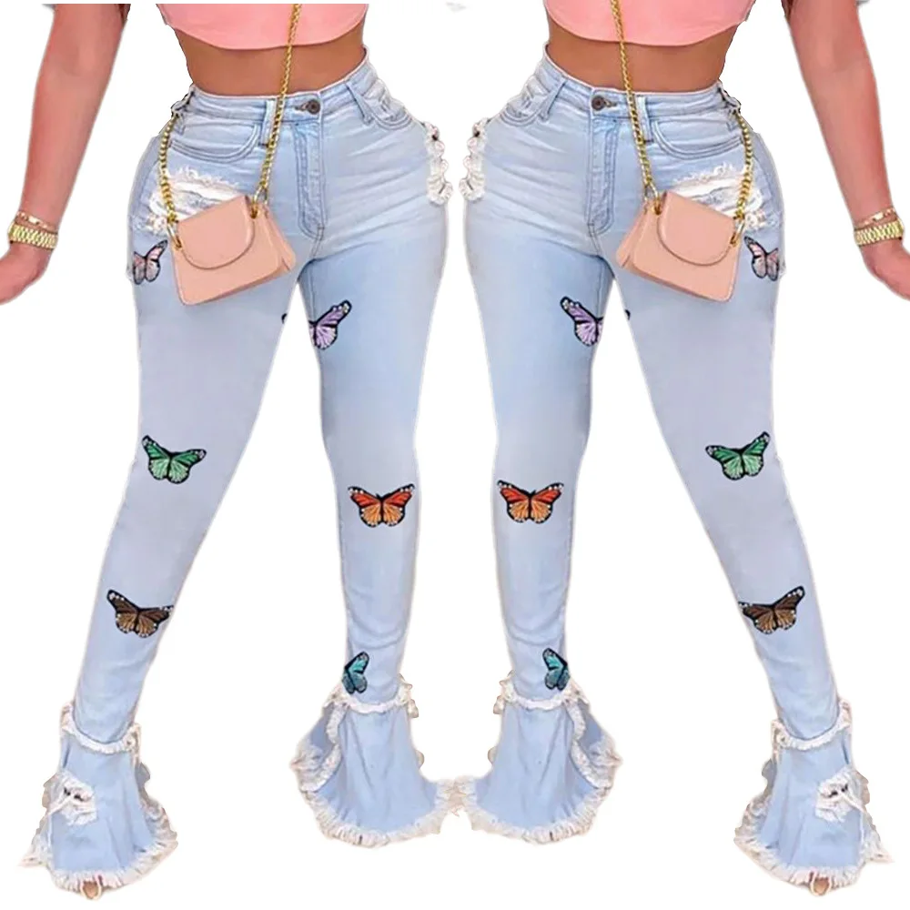 2021 Girl High Waist Women Distressed Jeans Ladies Ripped Plus Size Denim Jeans
