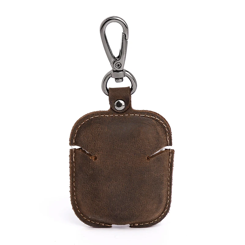 Best Selling Handheld Portable Travel Mini Durable First Layer Cowhide Headphone Storage Bag With Metal Buckle