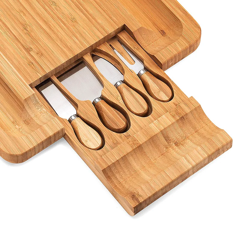Wholesale square bamboo cutting cheese charcuterie wine board with 2 drawers cheese knives tools cutlery set for appetizers