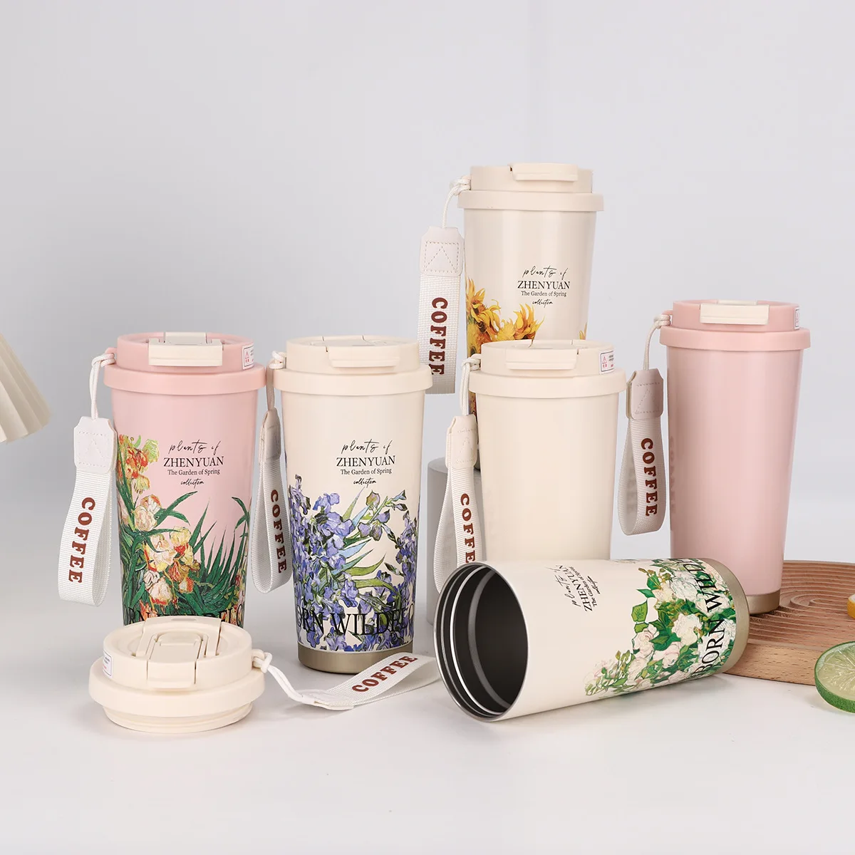 Seaygift 2024 newest travel portable Irises gardenia flower stainless steel vacuum insulated thermos coffee tumbler cup mugs